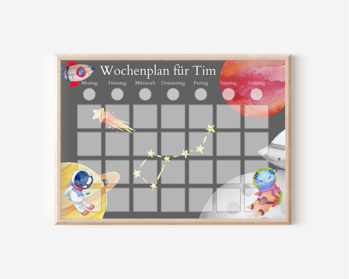 Personalisierter Wochenplan "Universum" für Kinder mit 246 Routine Karten, laminiert, magnetisch, Montessori Routineplan, Familie Nordstern