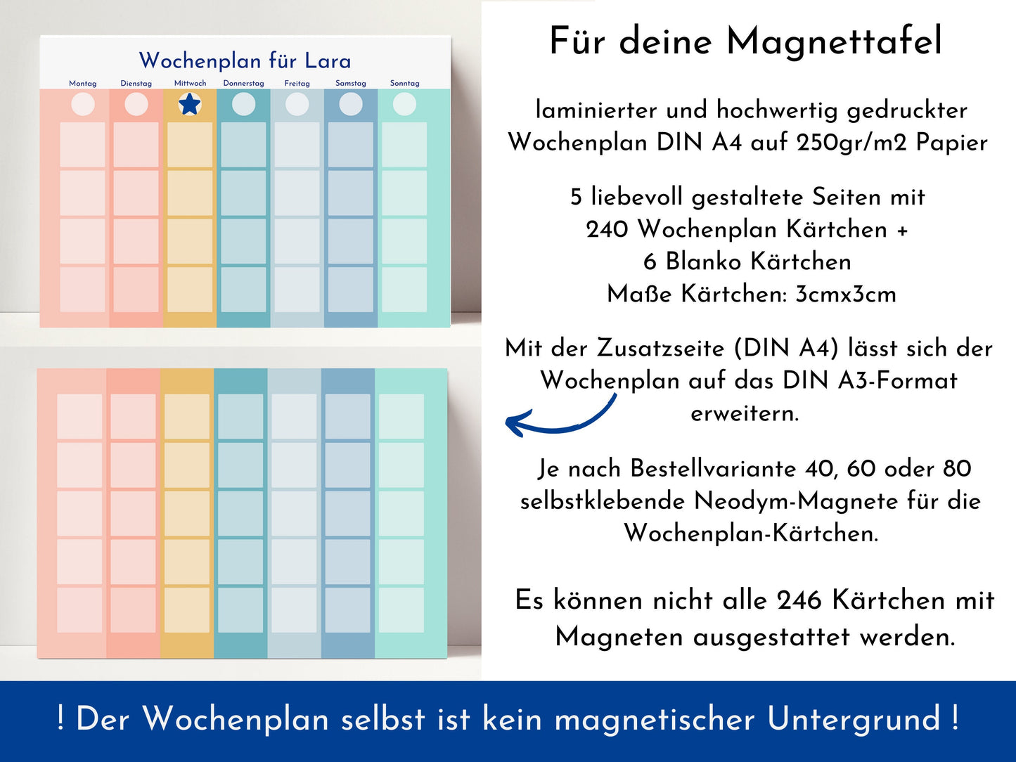Magnetboard Wochenplan "Regenbogen" personalisiert für Kinder und Teenager, 246 Routine Karten, Neodym-Magnete, Montessori Routineplan