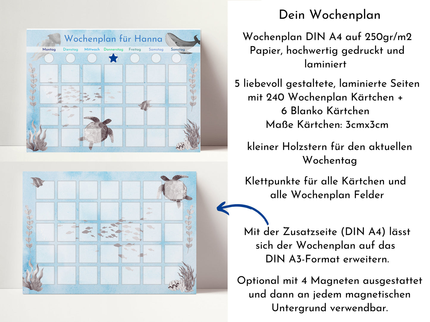 Personalisierter Wochenplan "Meer" für Kinder 246 Routine Karten, Klett, laminiert, magnetisch, Routineboard, Montessori Routineplan