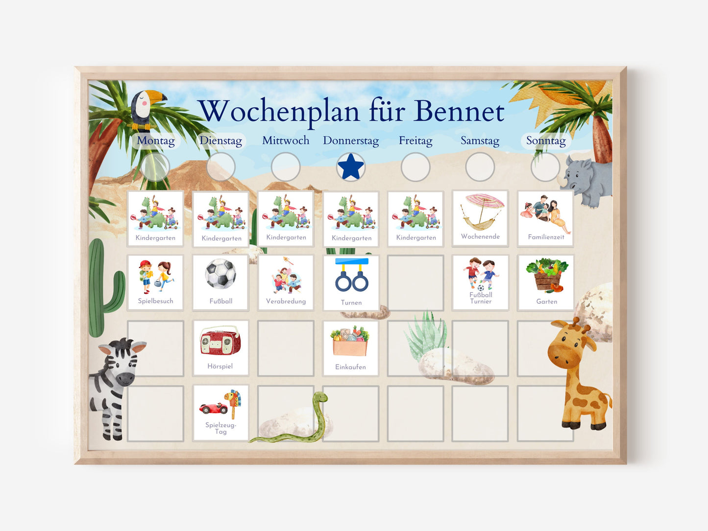 Personalisierter Wochenplan "Safari" für Kinder mit 246 Routine Karten, laminiert, magnetisch, Montessori Routineplan von Familie Nordstern