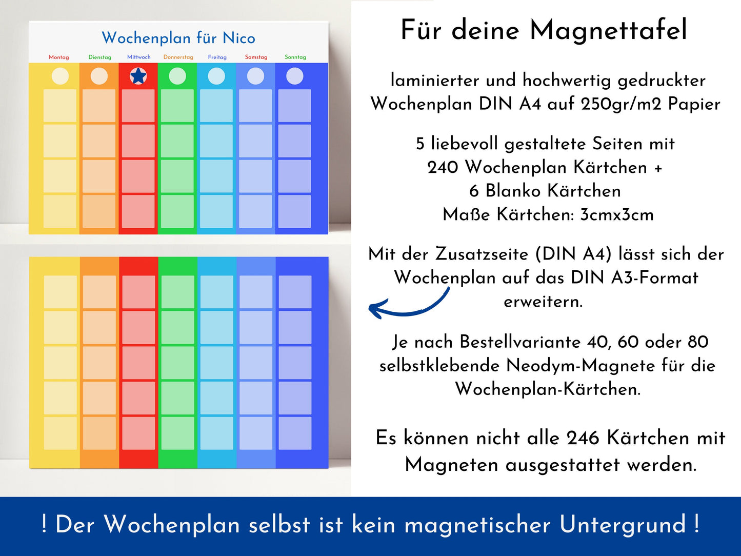 Magnetboard Wochenplan "Montessori" personalisiert für Kinder und Teenager, 246 Routine Karten, 40-80 Magnete, Routineplan Familie Nordstern