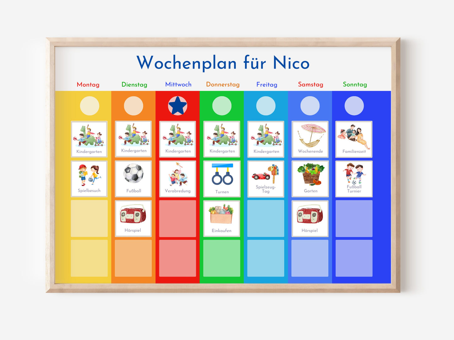 Magnetboard Wochenplan "Montessori" personalisiert für Kinder und Teenager, 246 Routine Karten, 40-80 Magnete, Routineplan Familie Nordstern