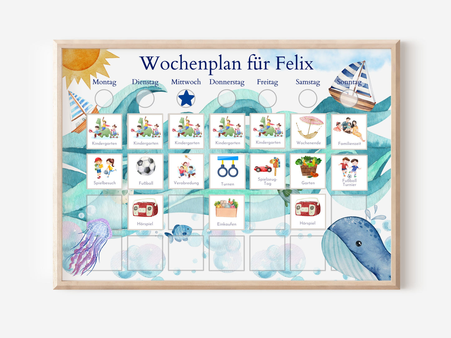Magnetboard Wochenplan "Segelboote" personalisiert für Kinder und Teenager, 246 Routine Karten, Neodym-Magnete, Montessori Routineplan
