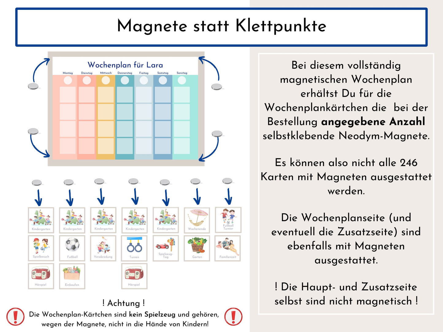 Magnetboard Wochenplan "Regenbogen" personalisiert für Kinder und Teenager, 246 Routine Karten, Neodym-Magnete, Montessori Routineplan