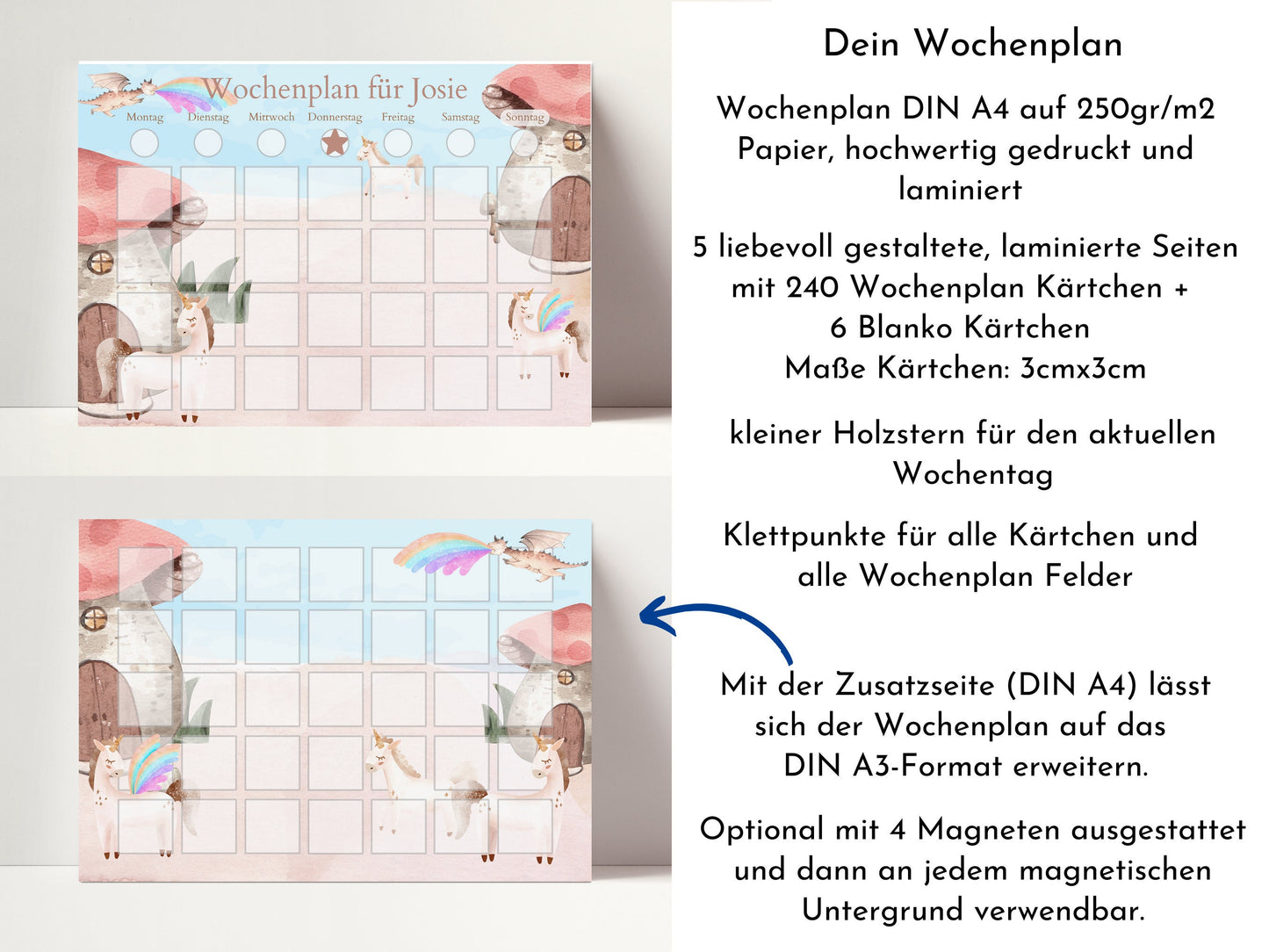 Personalisierter Wochenplan "Drache und Einhorn" für Kinder mit 246 Routine Karten, Routineplan mit Bildkarten von Familie Nordstern