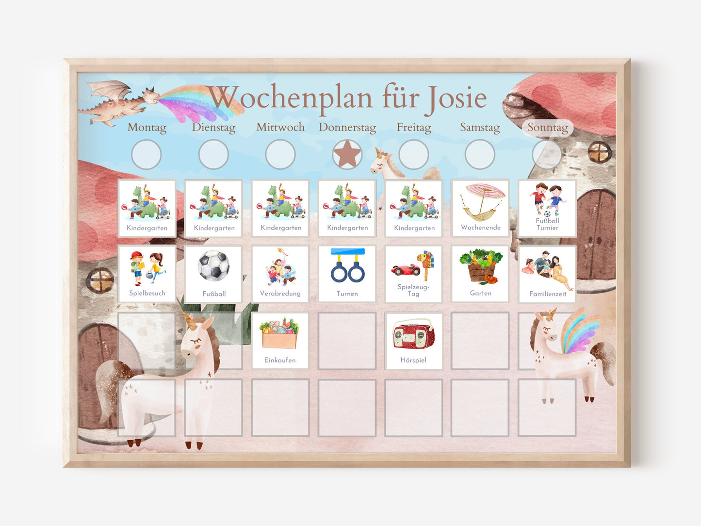 Personalisierter Wochenplan "Drache und Einhorn" für Kinder mit 246 Routine Karten, Routineplan mit Bildkarten von Familie Nordstern