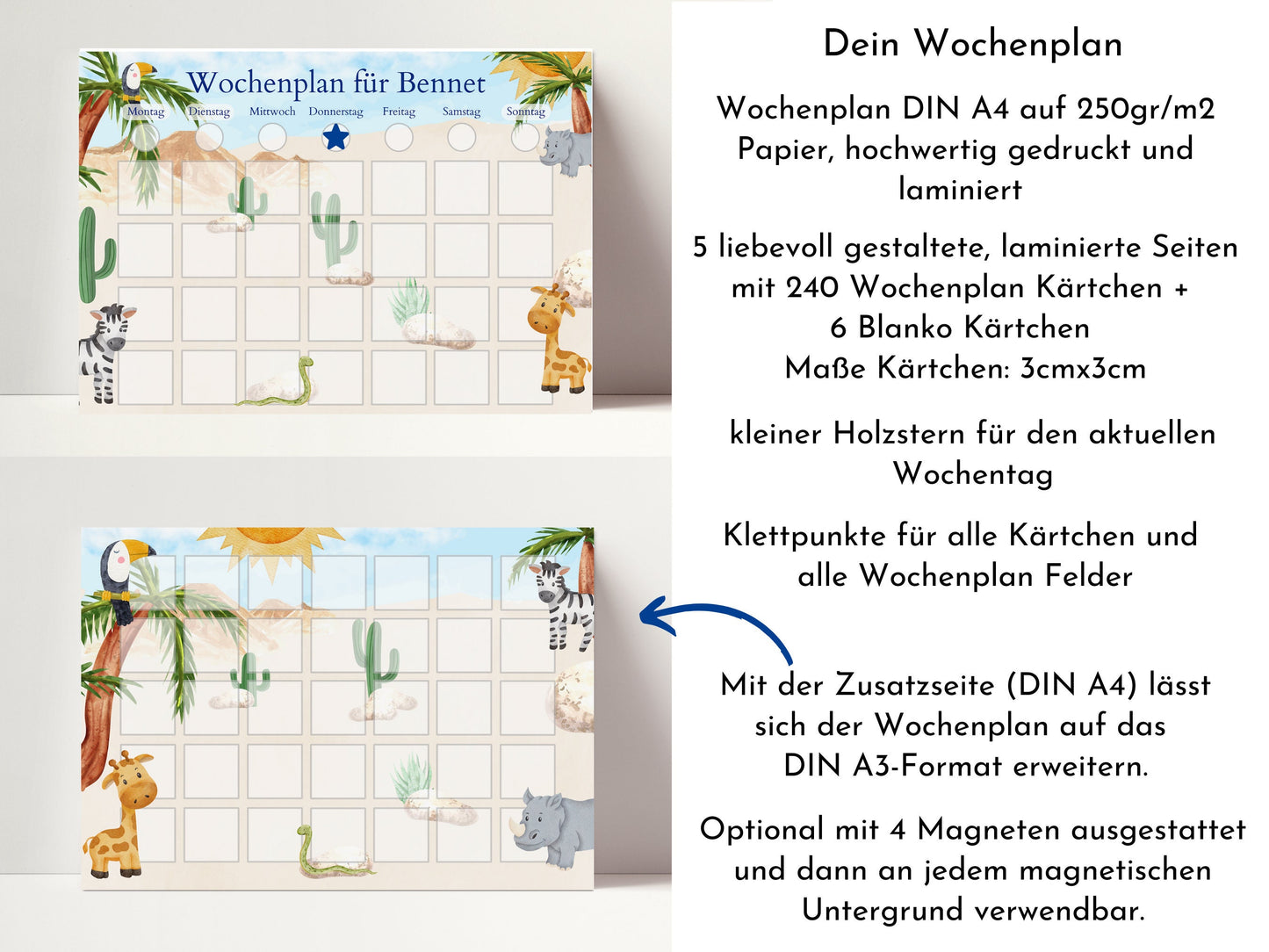Personalisierter Wochenplan "Safari" für Kinder mit 246 Routine Karten, laminiert, magnetisch, Montessori Routineplan von Familie Nordstern