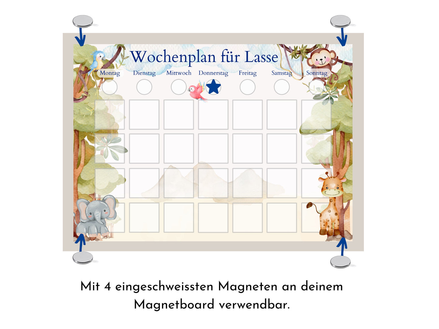 Personalisierter Wochenplan "Urwald" für Kinder mit 246 Routine Karten, laminiert magnetisch, Montessori Routineplan von Familie Nordstern