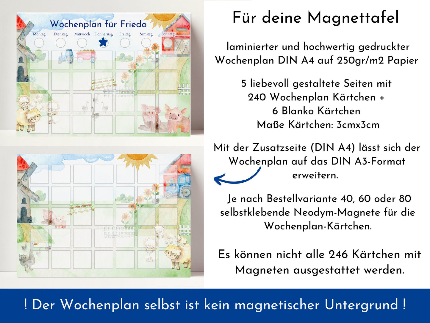 Magnetboard Wochenplan "Bauernhof" personalisiert für Kinder und Teenager, 246 Routine Karten, Neodym-Magnete, Montessori Routineplan
