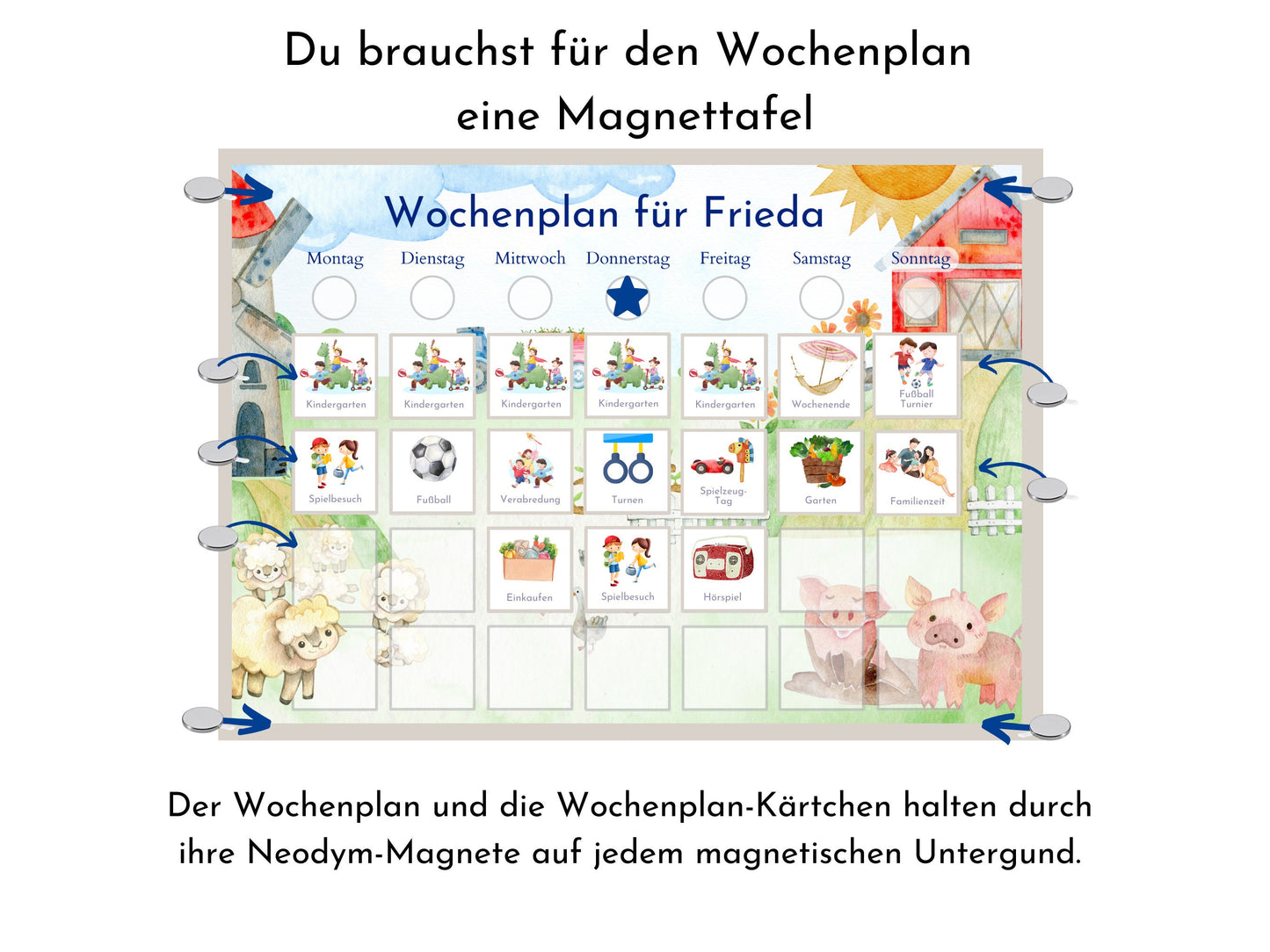 Magnetboard Wochenplan "Bauernhof" personalisiert für Kinder und Teenager, 246 Routine Karten, Neodym-Magnete, Montessori Routineplan