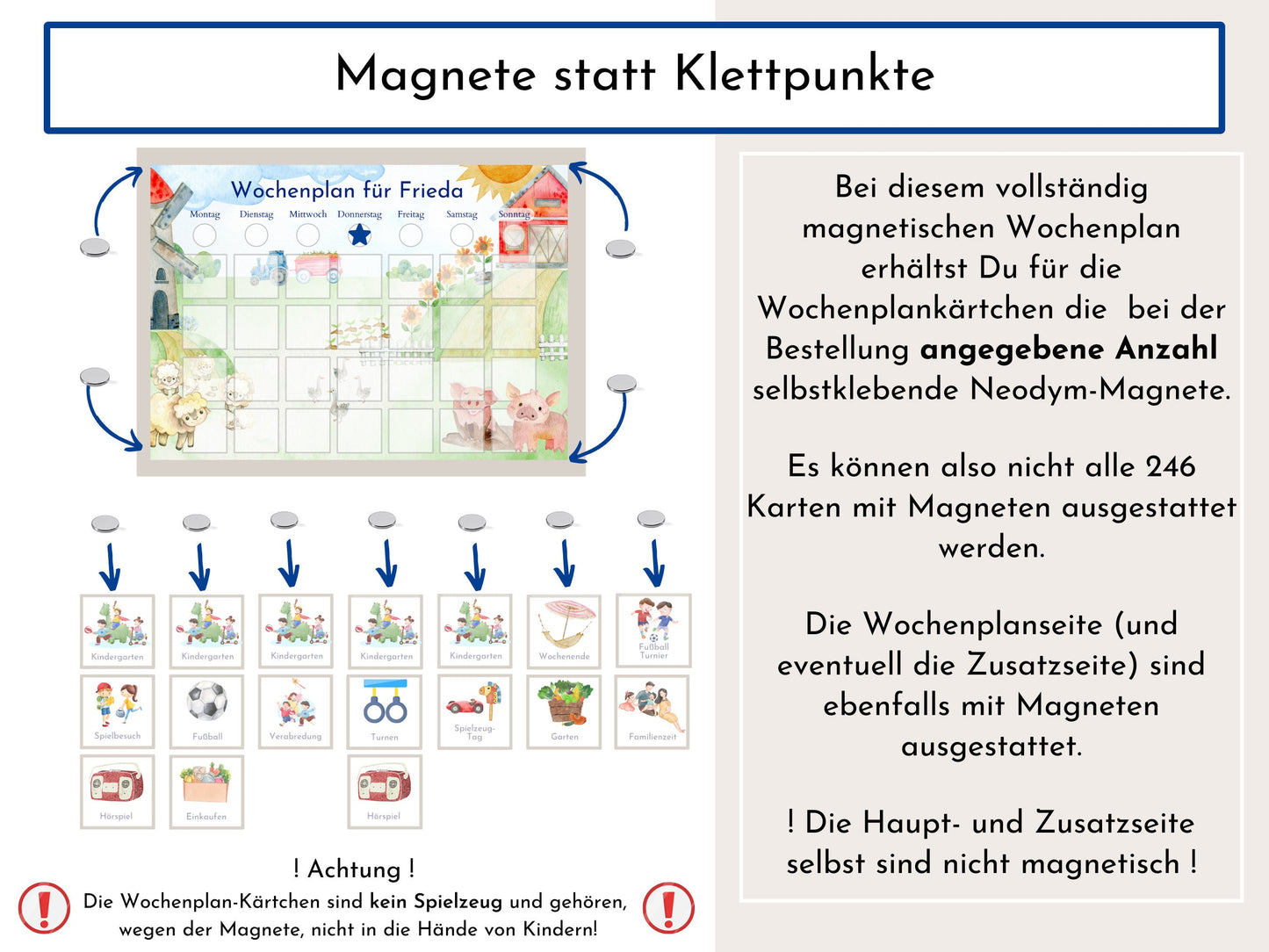 Magnetboard Wochenplan "Bauernhof" personalisiert für Kinder und Teenager, 246 Routine Karten, Neodym-Magnete, Montessori Routineplan