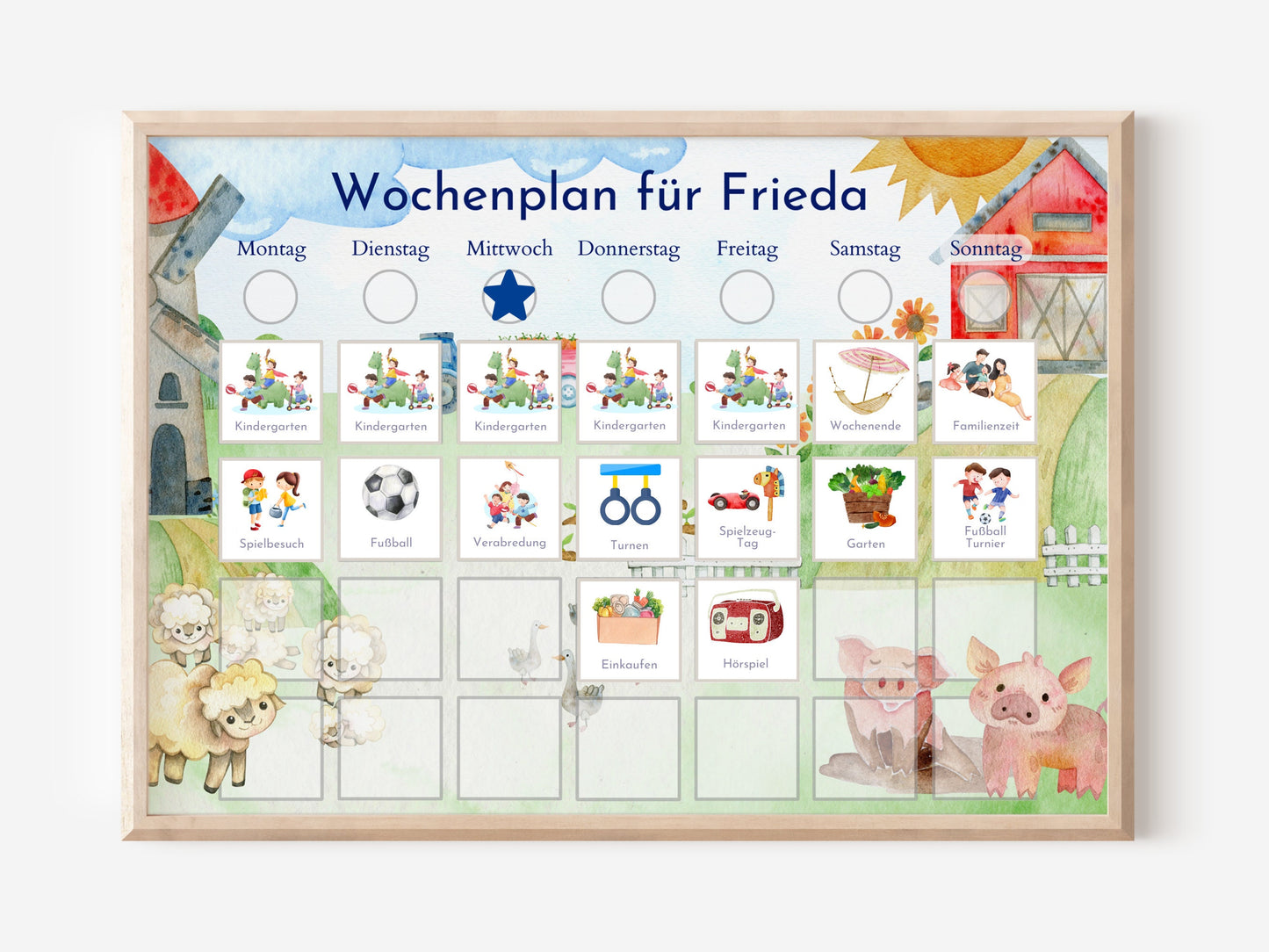 Magnetboard Wochenplan "Bauernhof" personalisiert für Kinder und Teenager, 246 Routine Karten, Neodym-Magnete, Montessori Routineplan