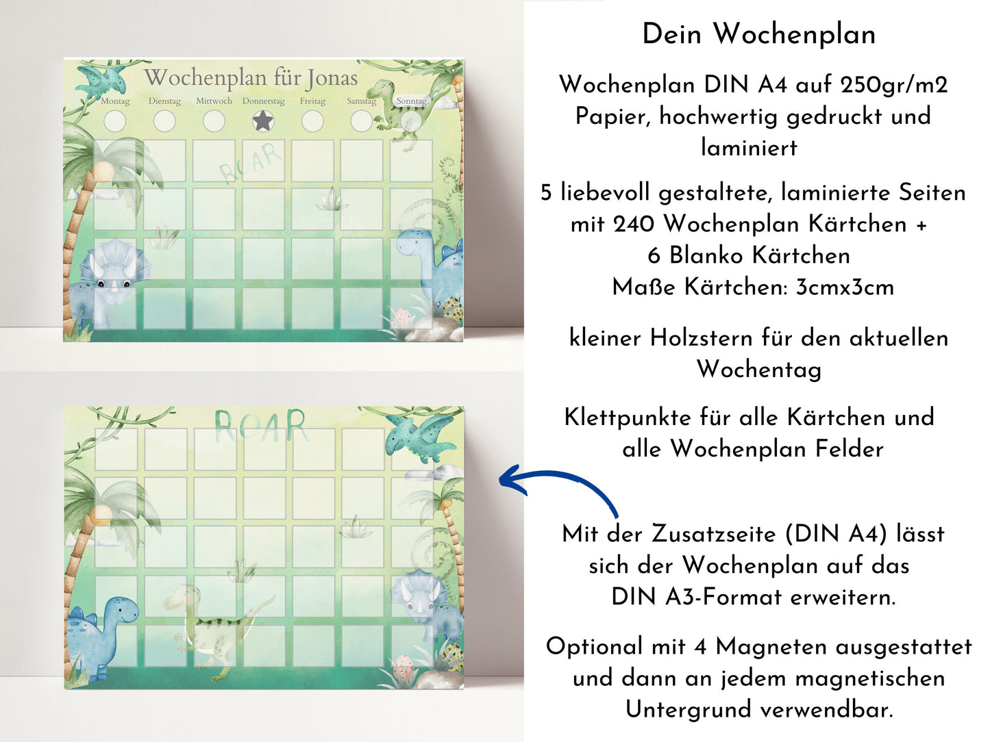 Personalisierter Wochenplan "Dinos" für Kinder, 246 Routinekarten, Montessori Routineplan mit laminierten Bildkarten für die Wochenplanung