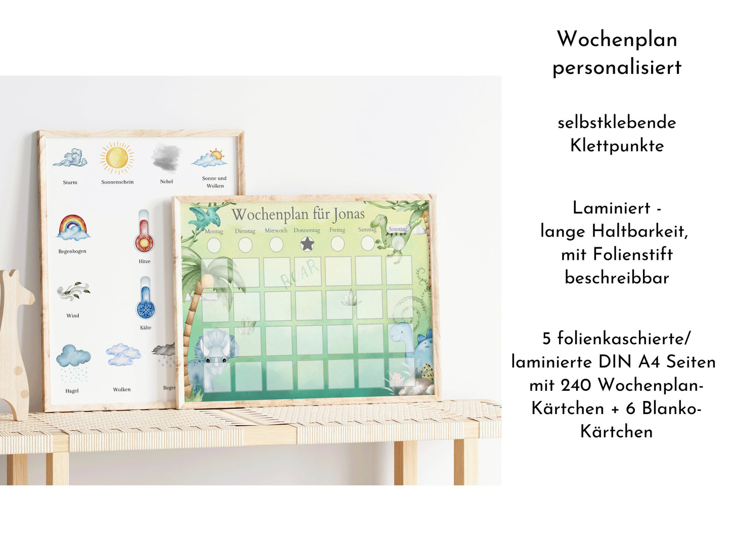 Personalisierter Wochenplan "Dinos" für Kinder, 246 Routinekarten, Montessori Routineplan mit laminierten Bildkarten für die Wochenplanung