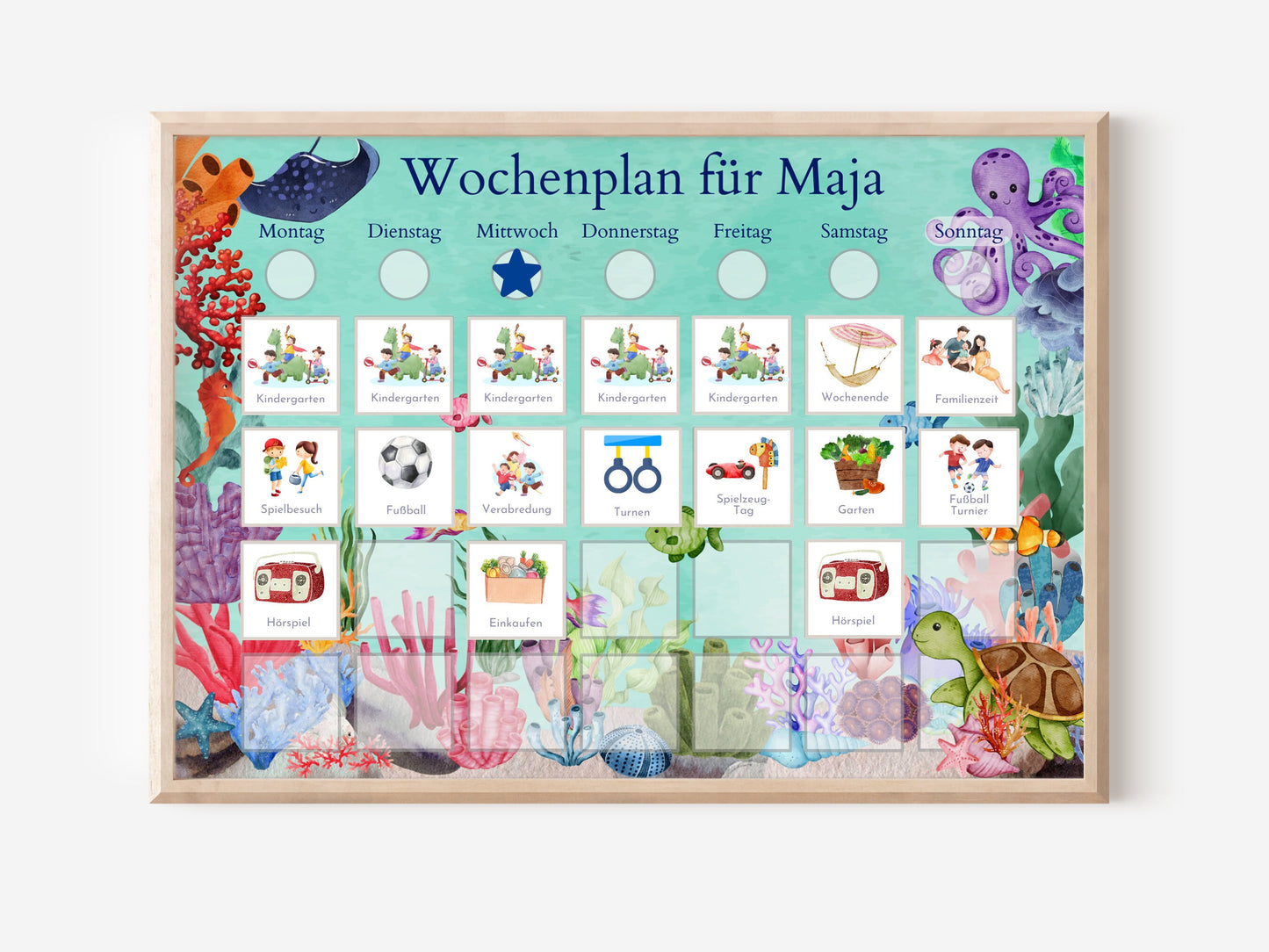 Magnetboard Wochenplan "Korallenriff" personalisiert für Kinder, 246 Routine Karten, 40-80 Neodym-Magnete, Routineplan von Familie Nordstern