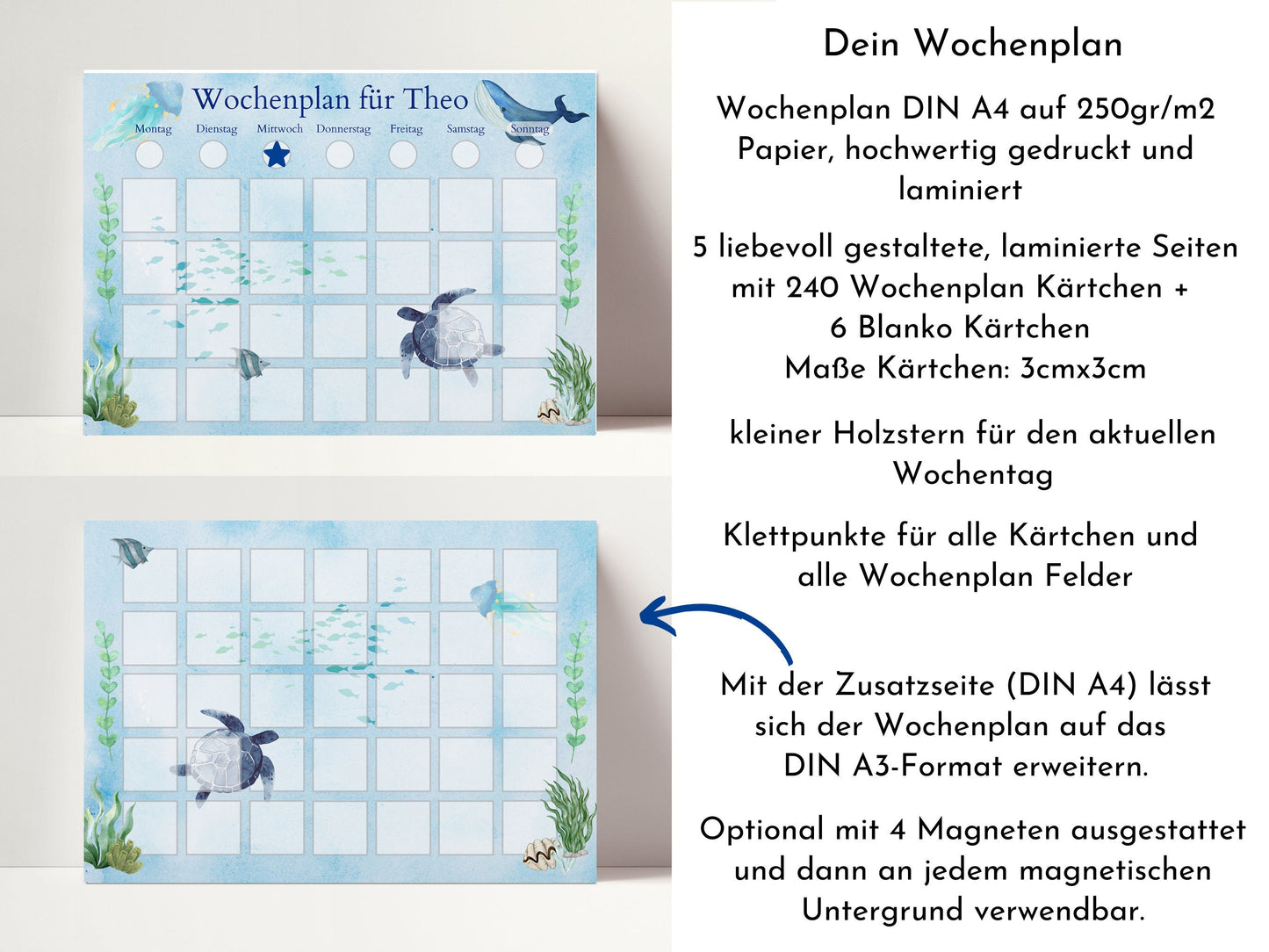 Wochenplan "Meerestiere" mit Name personalisiert, 246 Routine Karten, magnetisch, Geschenk für Kinder, Wochenplaner von Familie Nordstern