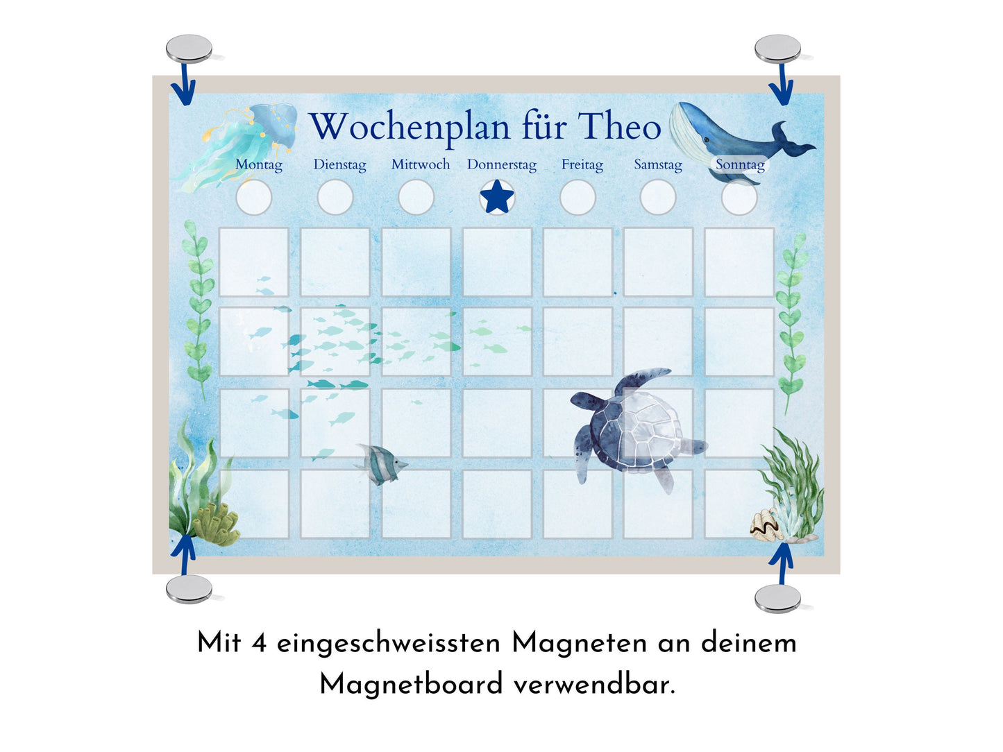 Wochenplan "Meerestiere" mit Name personalisiert, 246 Routine Karten, magnetisch, Geschenk für Kinder, Wochenplaner von Familie Nordstern