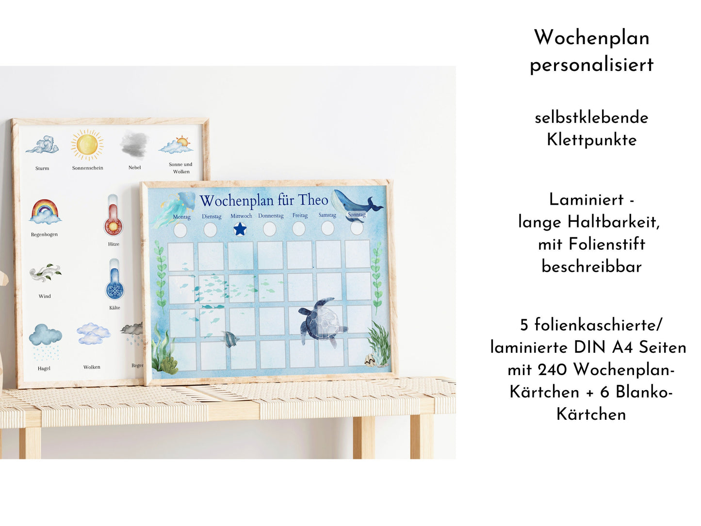 Wochenplan "Meerestiere" mit Name personalisiert, 246 Routine Karten, magnetisch, Geschenk für Kinder, Wochenplaner von Familie Nordstern
