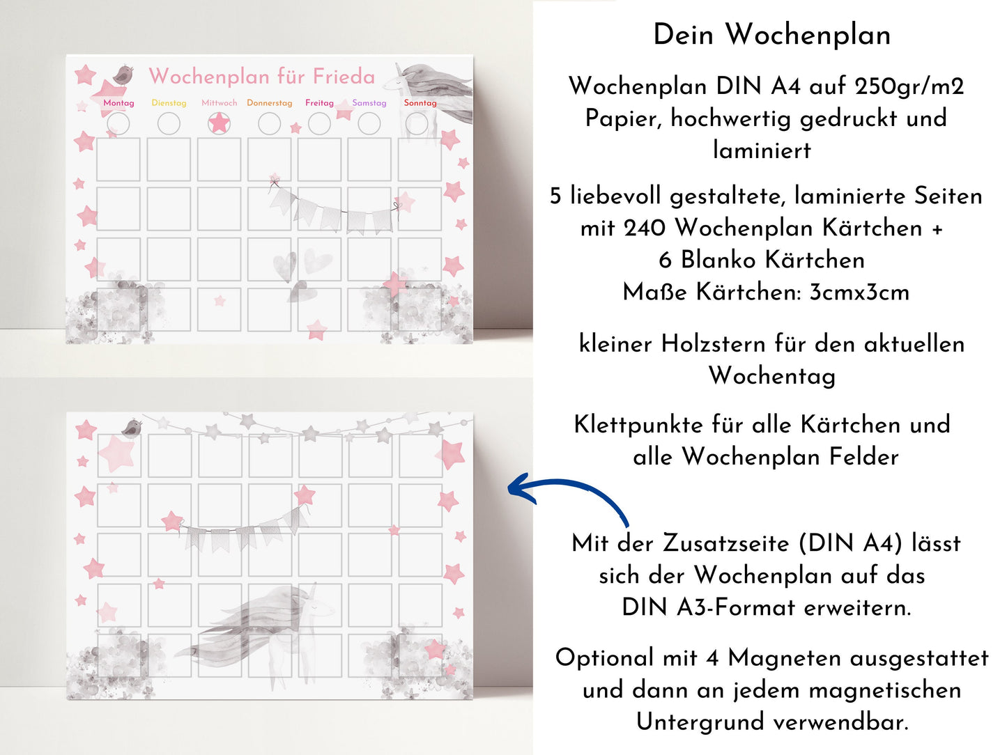 Personalisierter Wochenplan "Einhorn Rosa" für Kinder, 246 Routine Karten, laminiert, magnetisch, Montessori Routineplan Familie Nordstern