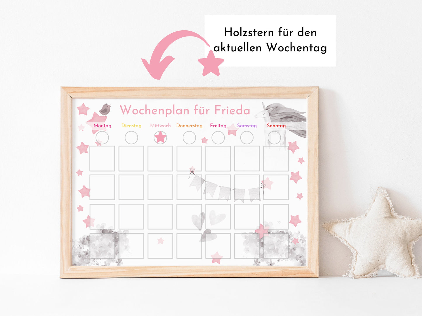 Personalisierter Wochenplan "Einhorn Rosa" für Kinder, 246 Routine Karten, laminiert, magnetisch, Montessori Routineplan Familie Nordstern