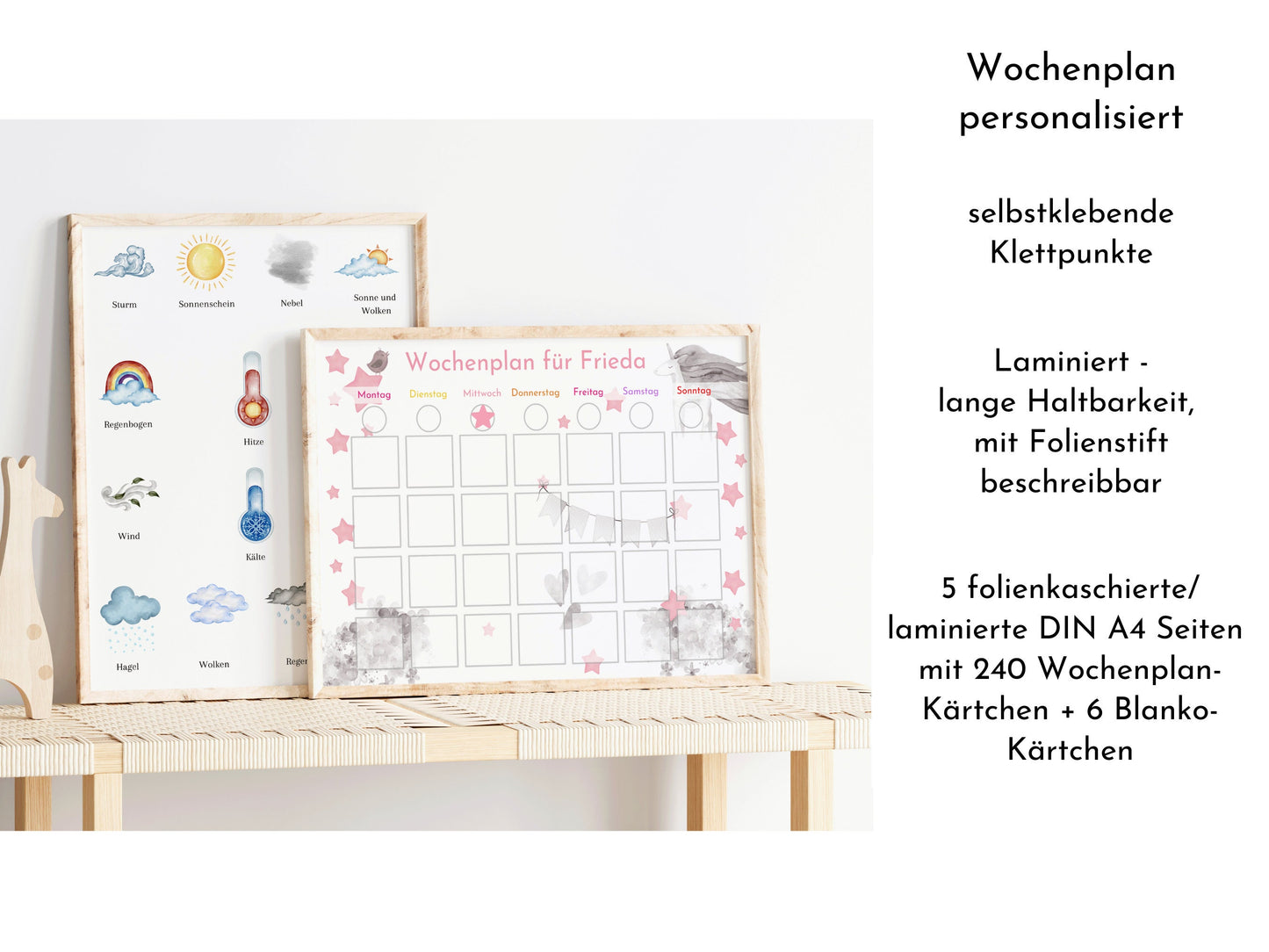 Personalisierter Wochenplan "Einhorn Rosa" für Kinder, 246 Routine Karten, laminiert, magnetisch, Montessori Routineplan Familie Nordstern
