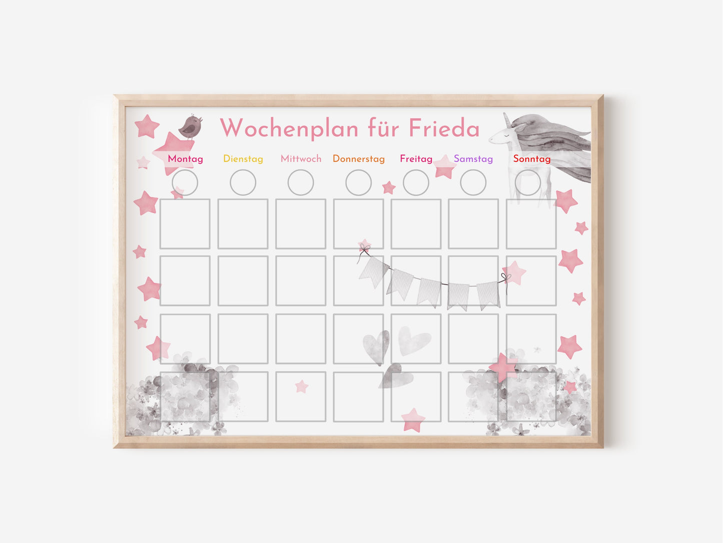Personalisierter Wochenplan "Einhorn Rosa" für Kinder, 246 Routine Karten, laminiert, magnetisch, Montessori Routineplan Familie Nordstern
