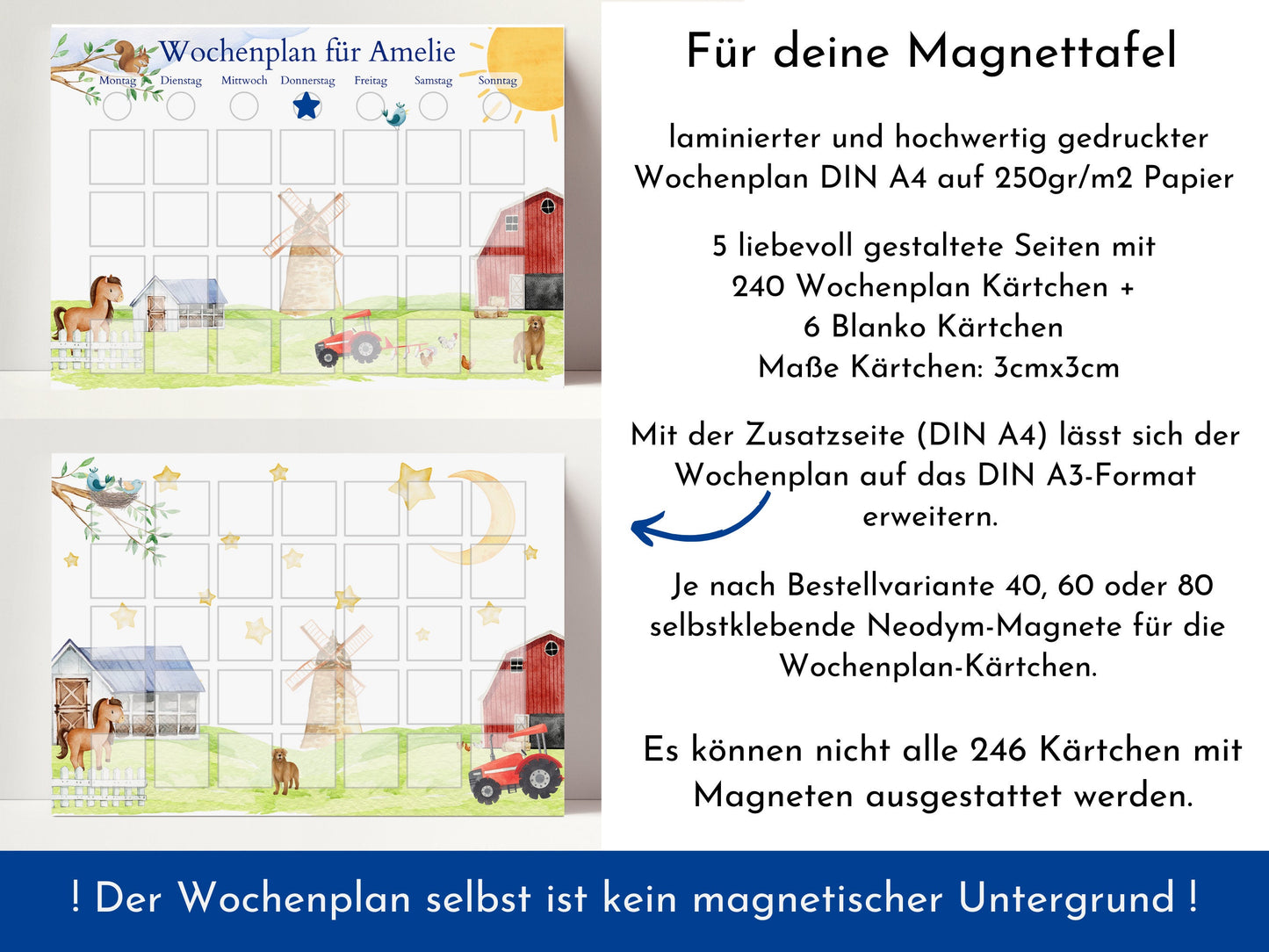 Magnetboard Wochenplan "Bauernhof" mit Name personalisiert für Kinder, 246 Routine Karten, Tagesplan mit 40-80 Magneten, Routineplan