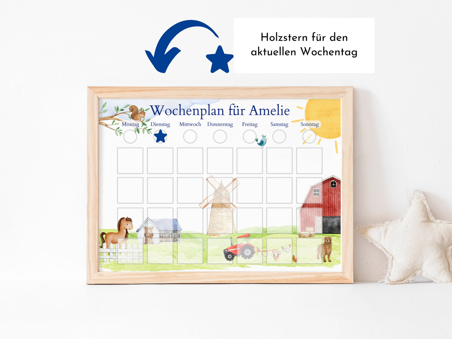 Magnetboard Wochenplan "Bauernhof" mit Name personalisiert für Kinder, 246 Routine Karten, Tagesplan mit 40-80 Magneten, Routineplan