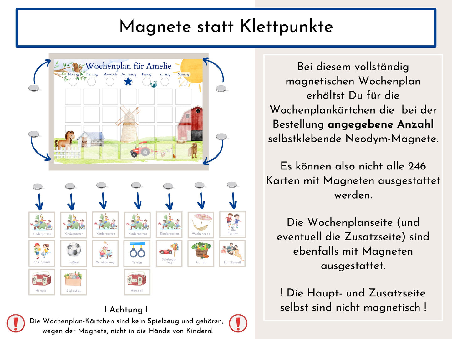 Magnetboard Wochenplan "Bauernhof" mit Name personalisiert für Kinder, 246 Routine Karten, Tagesplan mit 40-80 Magneten, Routineplan