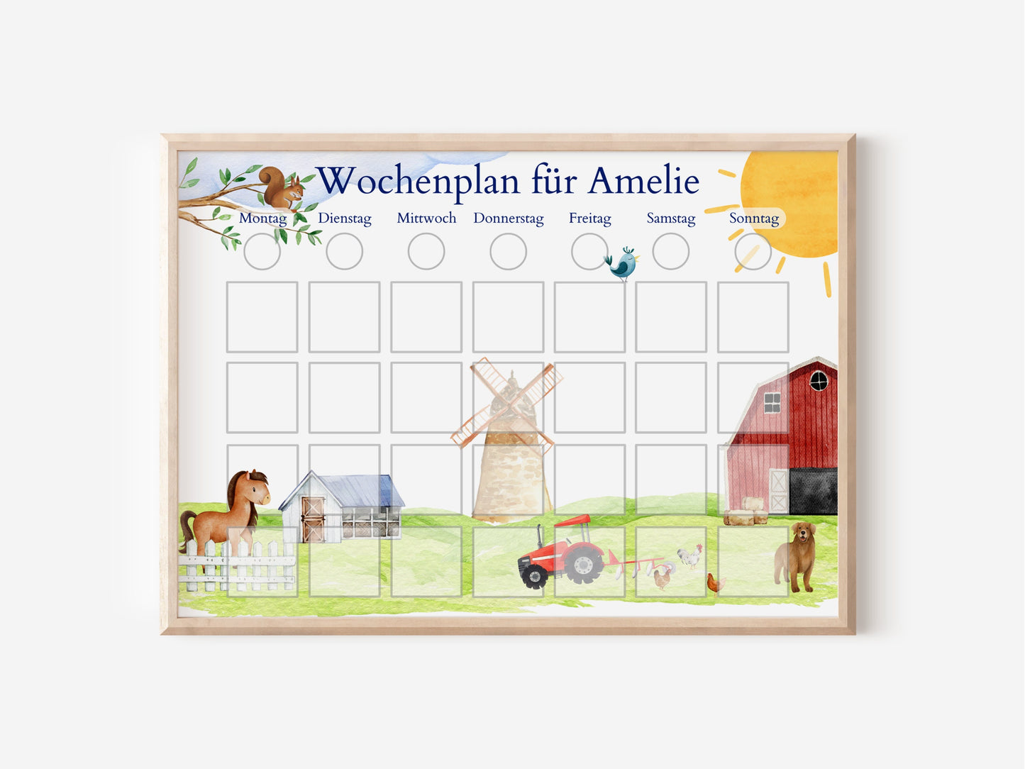 Magnetboard Wochenplan "Bauernhof" mit Name personalisiert für Kinder, 246 Routine Karten, Tagesplan mit 40-80 Magneten, Routineplan