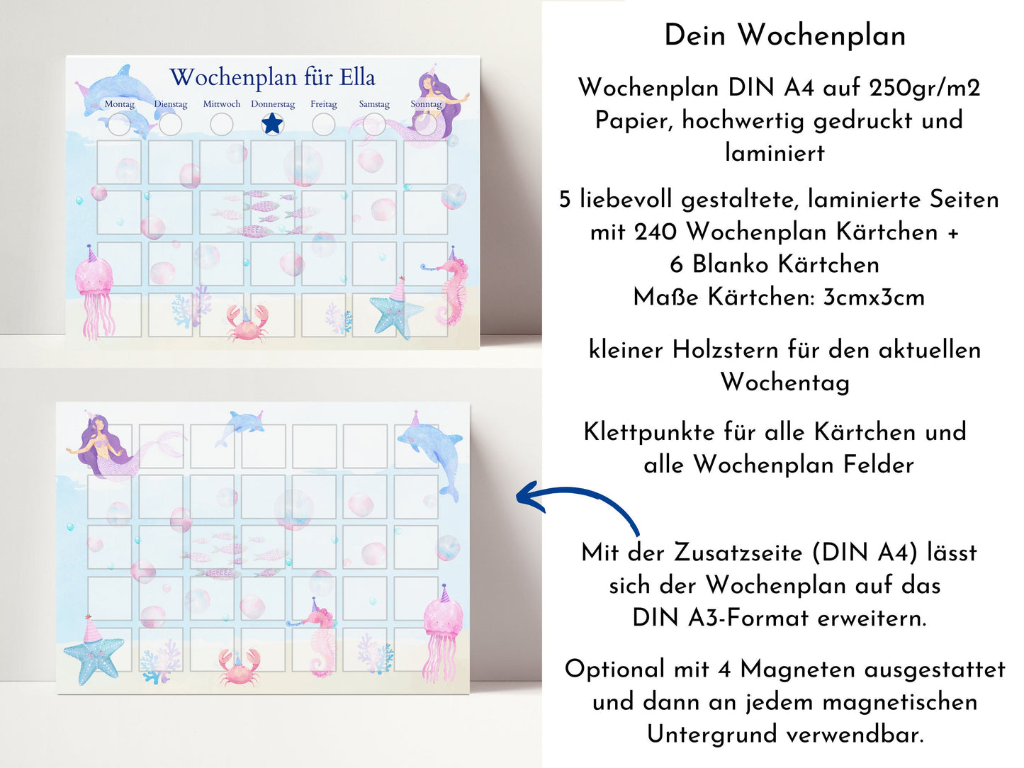 Personalisierter Wochenplan "Meerjungfrau" für Kinder, 246 Routine Karten, laminiert, magnetisch, Montessori Routineplan v Familie Nordstern