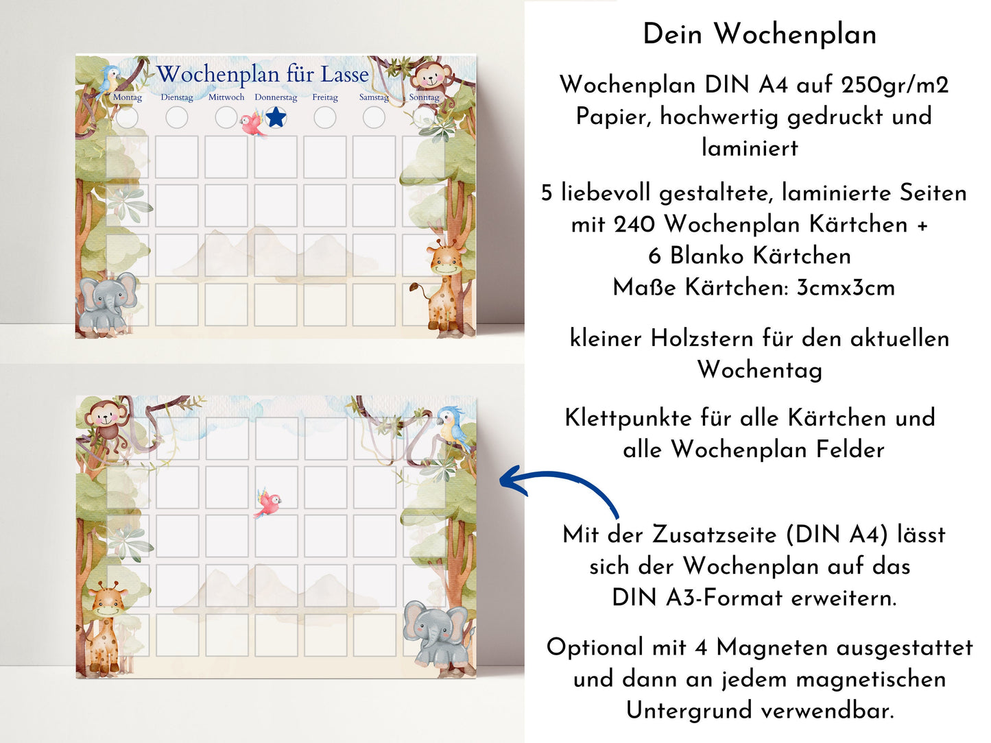Personalisierter Wochenplan "Urwald" für Kinder mit 246 Routine Karten, laminiert magnetisch, Montessori Routineplan von Familie Nordstern