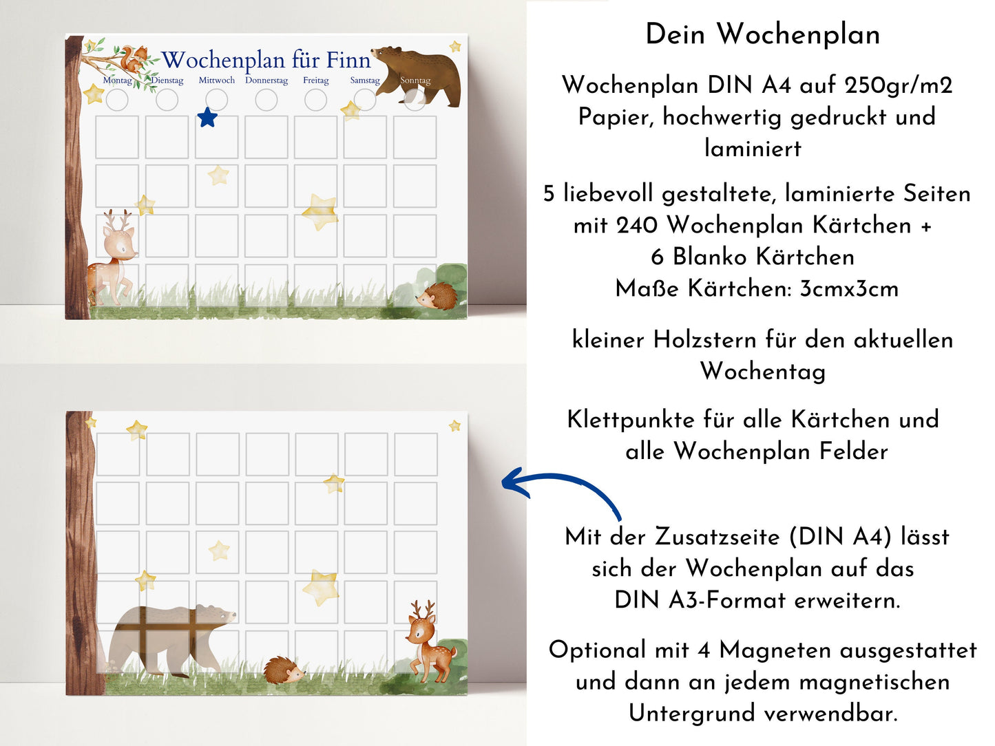 Personalisierter Wochenplan "Bär und Reh" für Kinder, 246 Routine Karten, laminiert, magnetisch, Montessori Kalender von Familie Nordstern