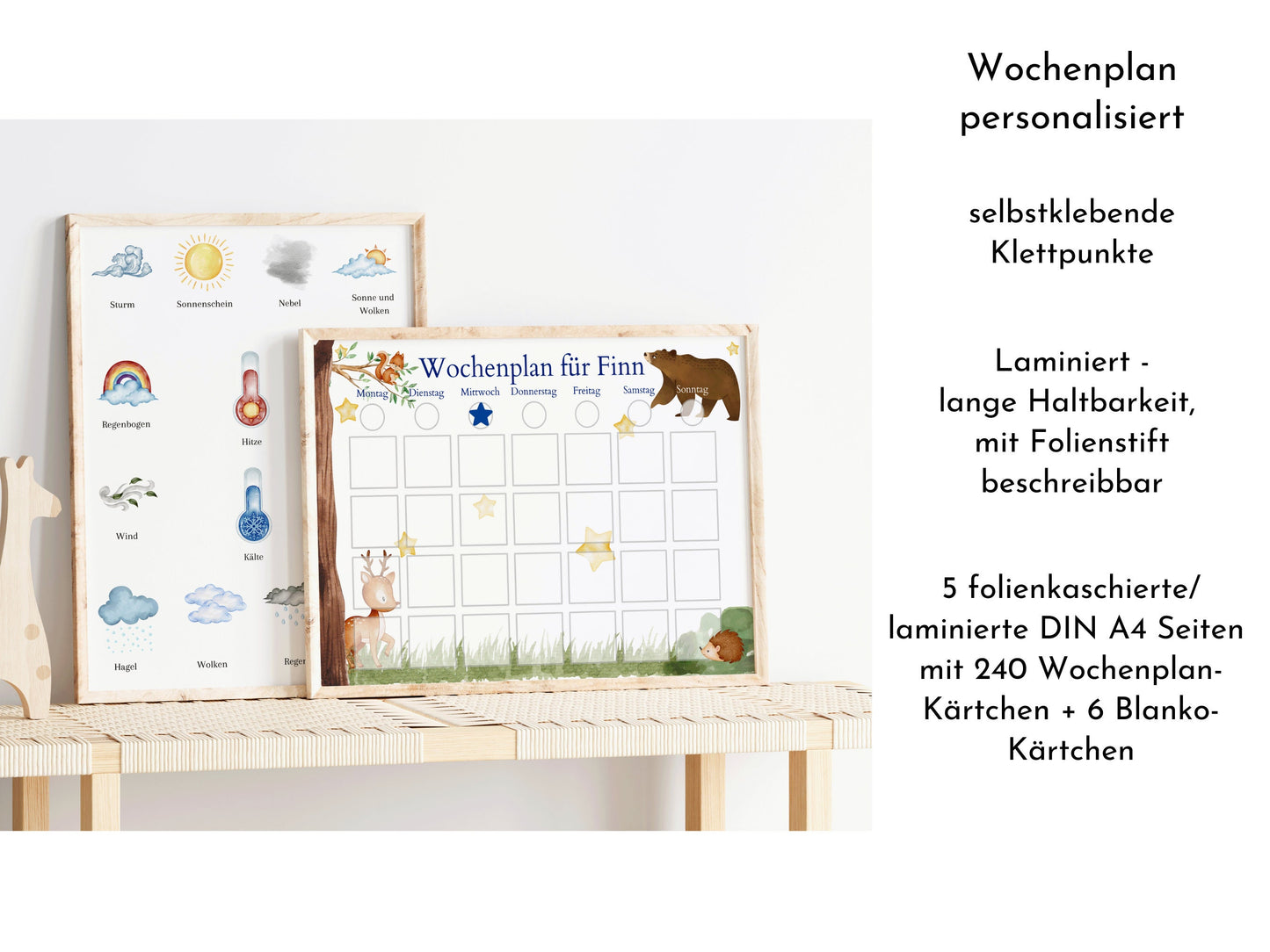 Personalisierter Wochenplan "Bär und Reh" für Kinder, 246 Routine Karten, laminiert, magnetisch, Montessori Kalender von Familie Nordstern