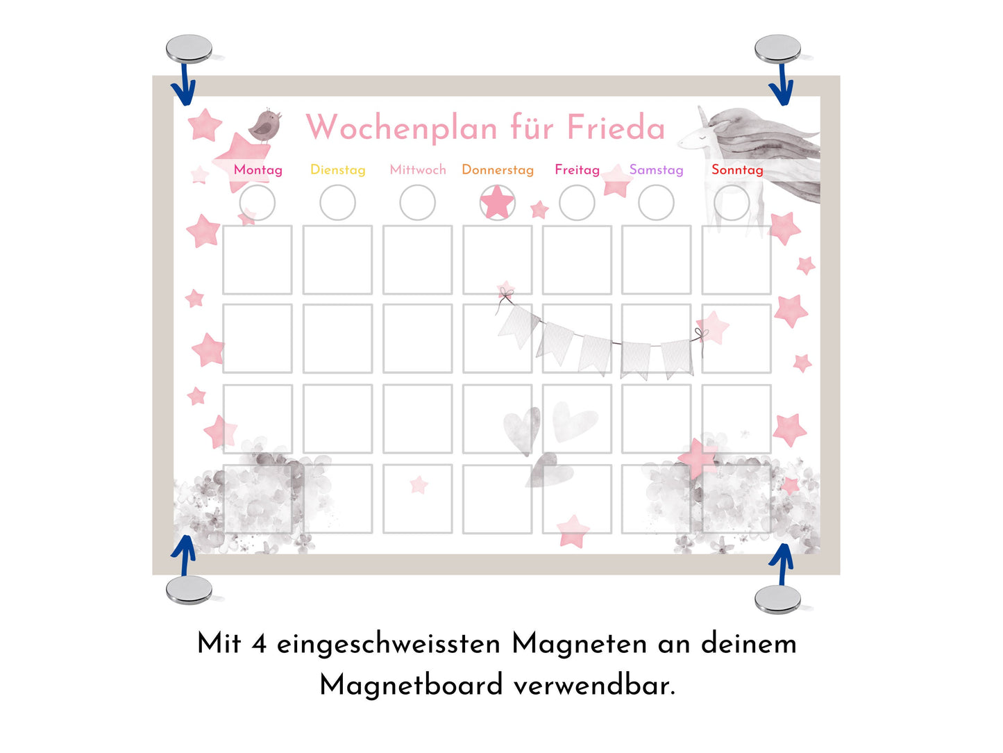 Personalisierter Wochenplan "Einhorn Rosa" für Kinder, 246 Routine Karten, laminiert, magnetisch, Montessori Routineplan Familie Nordstern