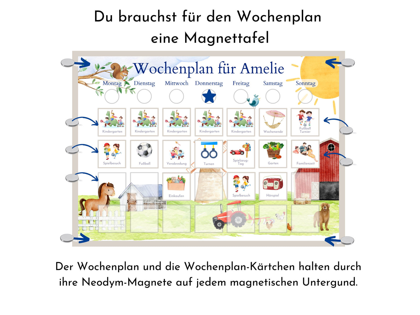 Magnetboard Wochenplan "Bauernhof" mit Name personalisiert für Kinder, 246 Routine Karten, Tagesplan mit 40-80 Magneten, Routineplan