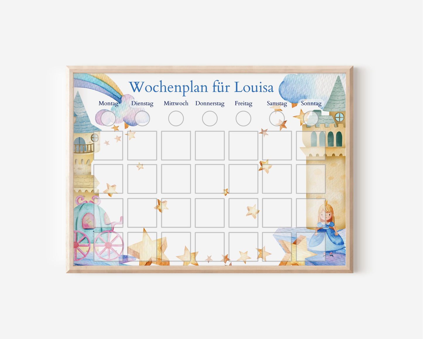 Wochenplaner mit 246 Routine Karten, personalisiert für Kinder, Geschenkidee 1. Geburtstag, laminiert magnetisch, Wochenplan "Prinzessin"