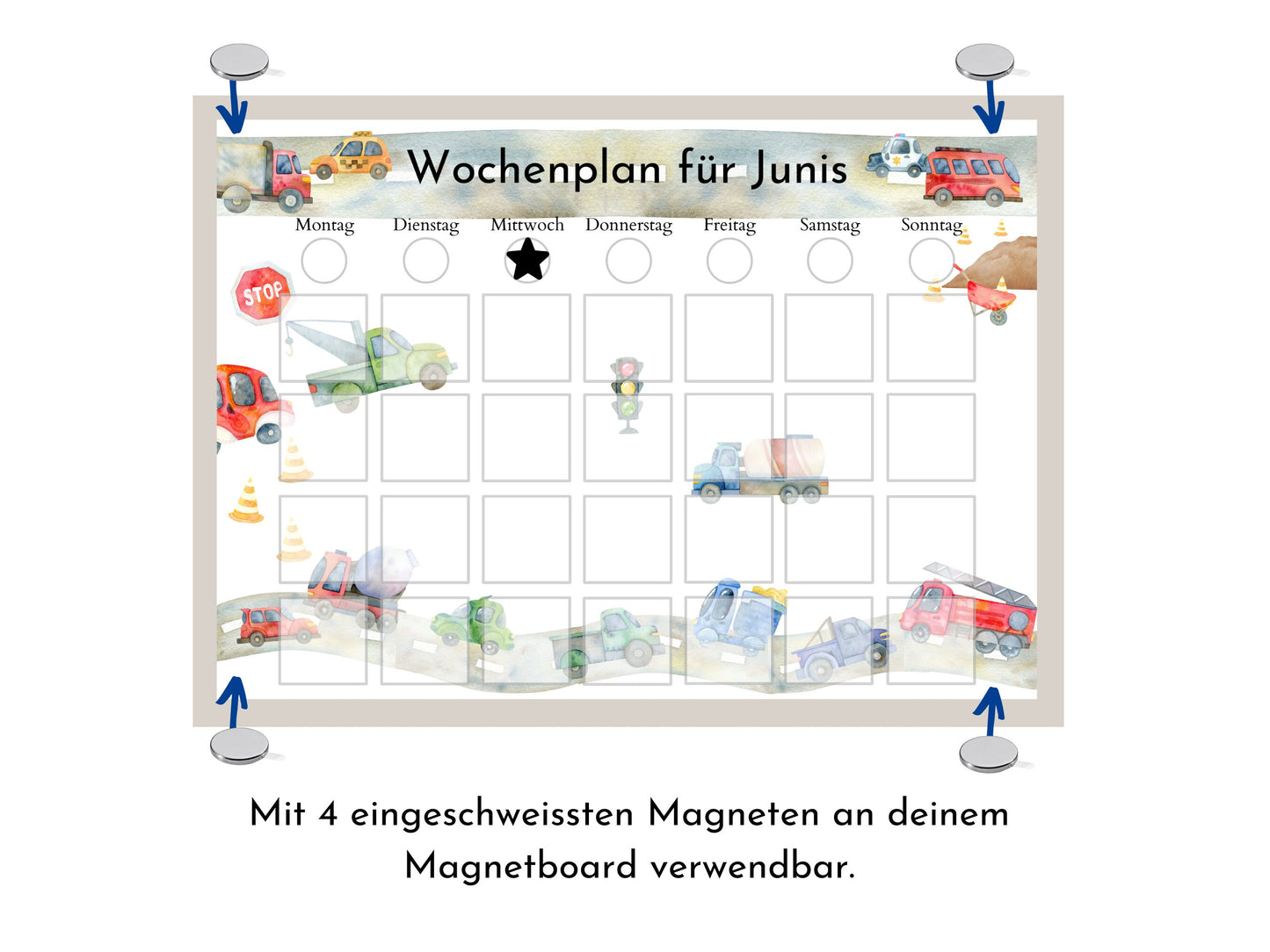 Personalisierter Wochenplan "Autos und Laster" für Kinder, 246 Routine Karten, laminiert, magnetisch, Montessori Routineplan mit Bildkarten
