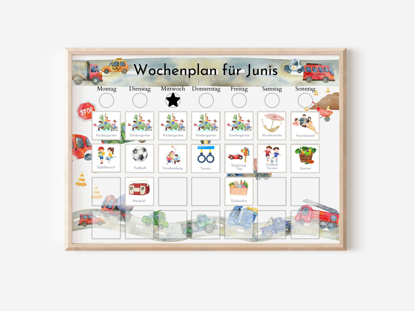 Personalisierter Wochenplan "Autos und Laster" für Kinder, 246 Routine Karten, laminiert, magnetisch, Montessori Routineplan mit Bildkarten