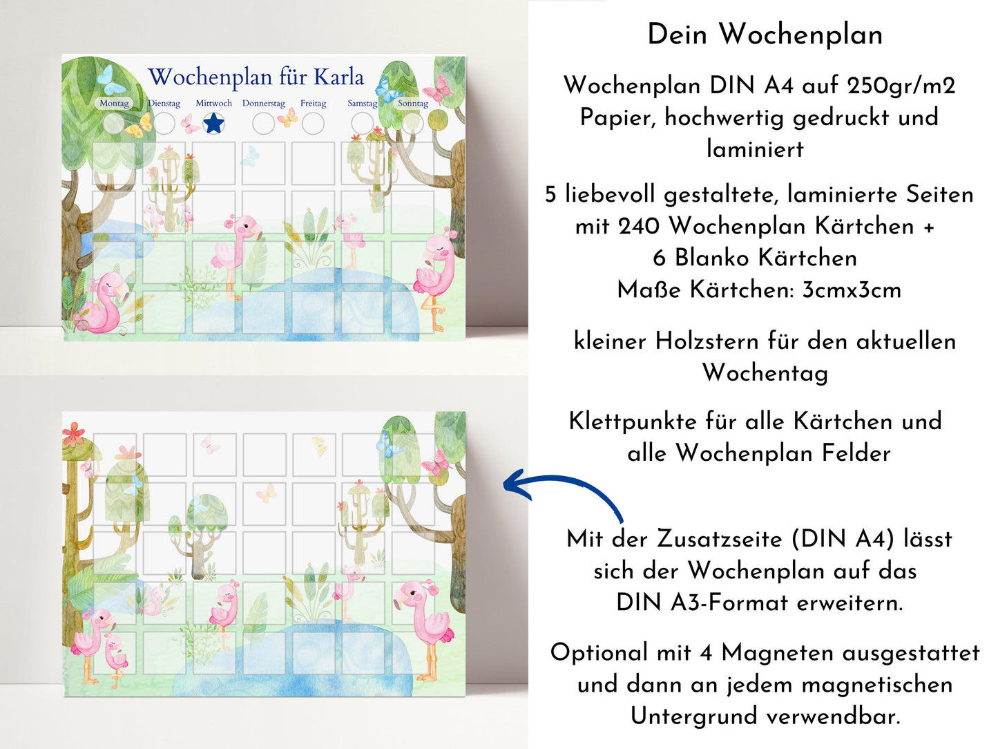 Personalisierter Wochenplan "Flamingo" mit 246 Routine Karten, laminiert, optional magnetisch, Montessori Routineplan von Familie Nordstern