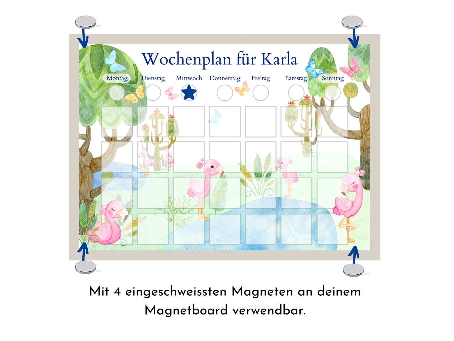 Personalisierter Wochenplan "Flamingo" mit 246 Routine Karten, laminiert, optional magnetisch, Montessori Routineplan von Familie Nordstern