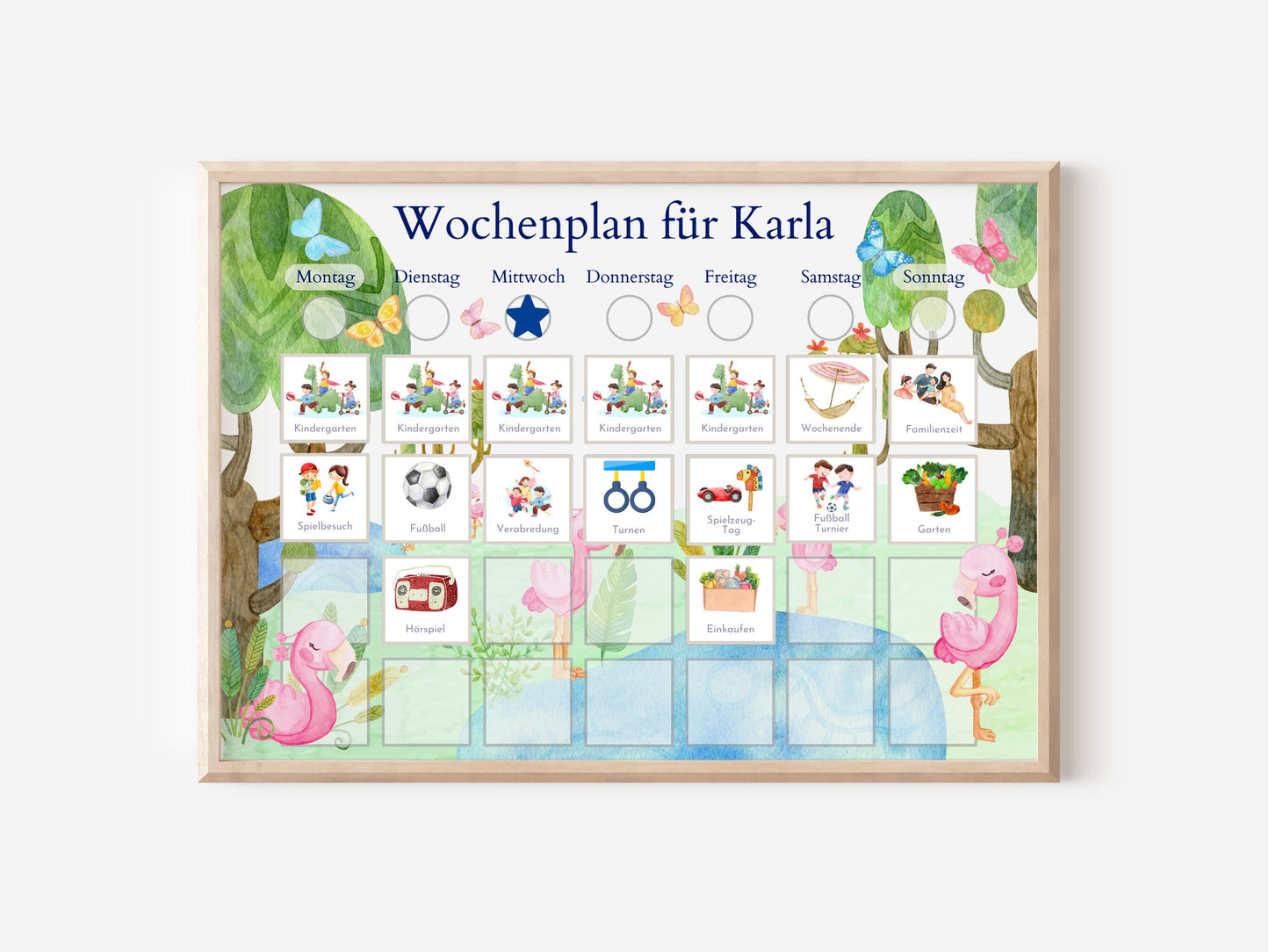 Personalisierter Wochenplan "Flamingo" mit 246 Routine Karten, laminiert, optional magnetisch, Montessori Routineplan von Familie Nordstern