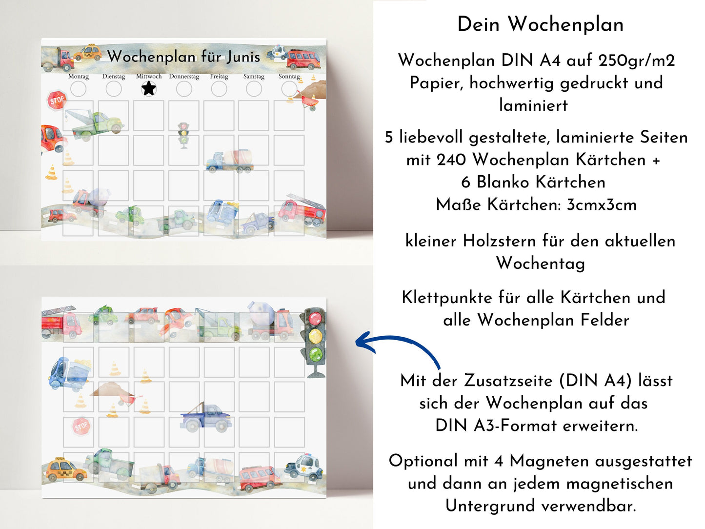 Personalisierter Wochenplan "Autos und Laster" für Kinder, 246 Routine Karten, laminiert, magnetisch, Montessori Routineplan mit Bildkarten