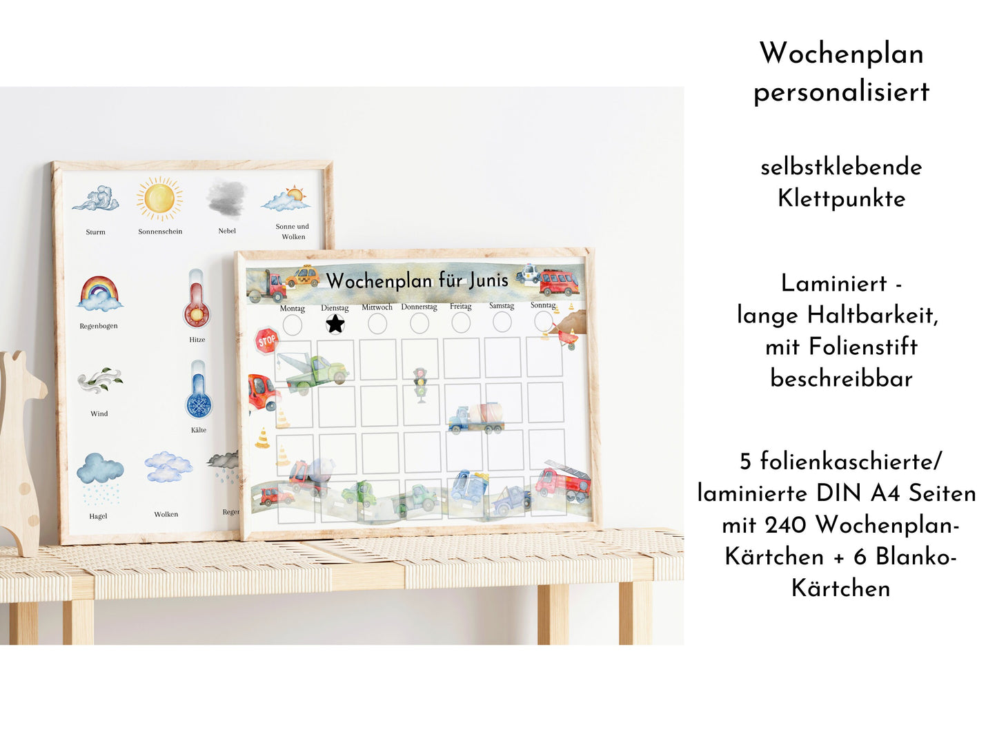 Personalisierter Wochenplan "Autos und Laster" für Kinder, 246 Routine Karten, laminiert, magnetisch, Montessori Routineplan mit Bildkarten