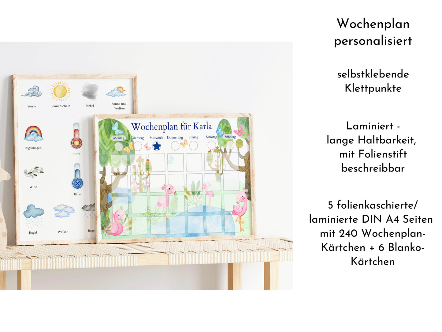 Personalisierter Wochenplan "Flamingo" mit 246 Routine Karten, laminiert, optional magnetisch, Montessori Routineplan von Familie Nordstern