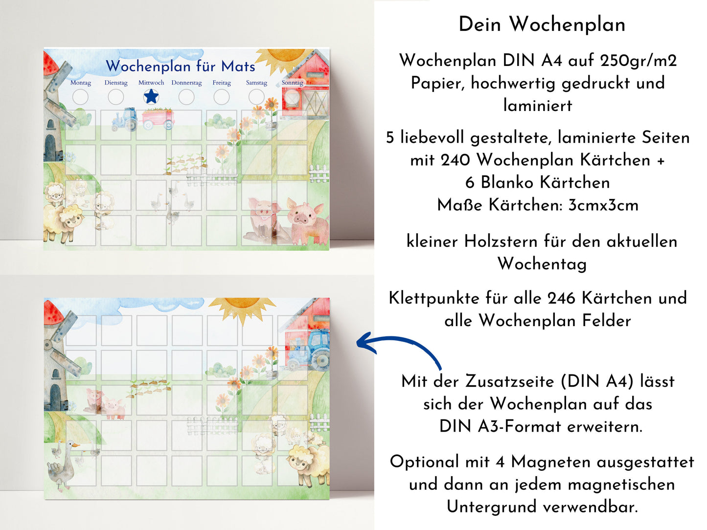 Personalisierter Wochenplan "Bauernhof" mit 246 Routine Karten, optional magnetisch, Montessori Routineplan von Familie Nordstern