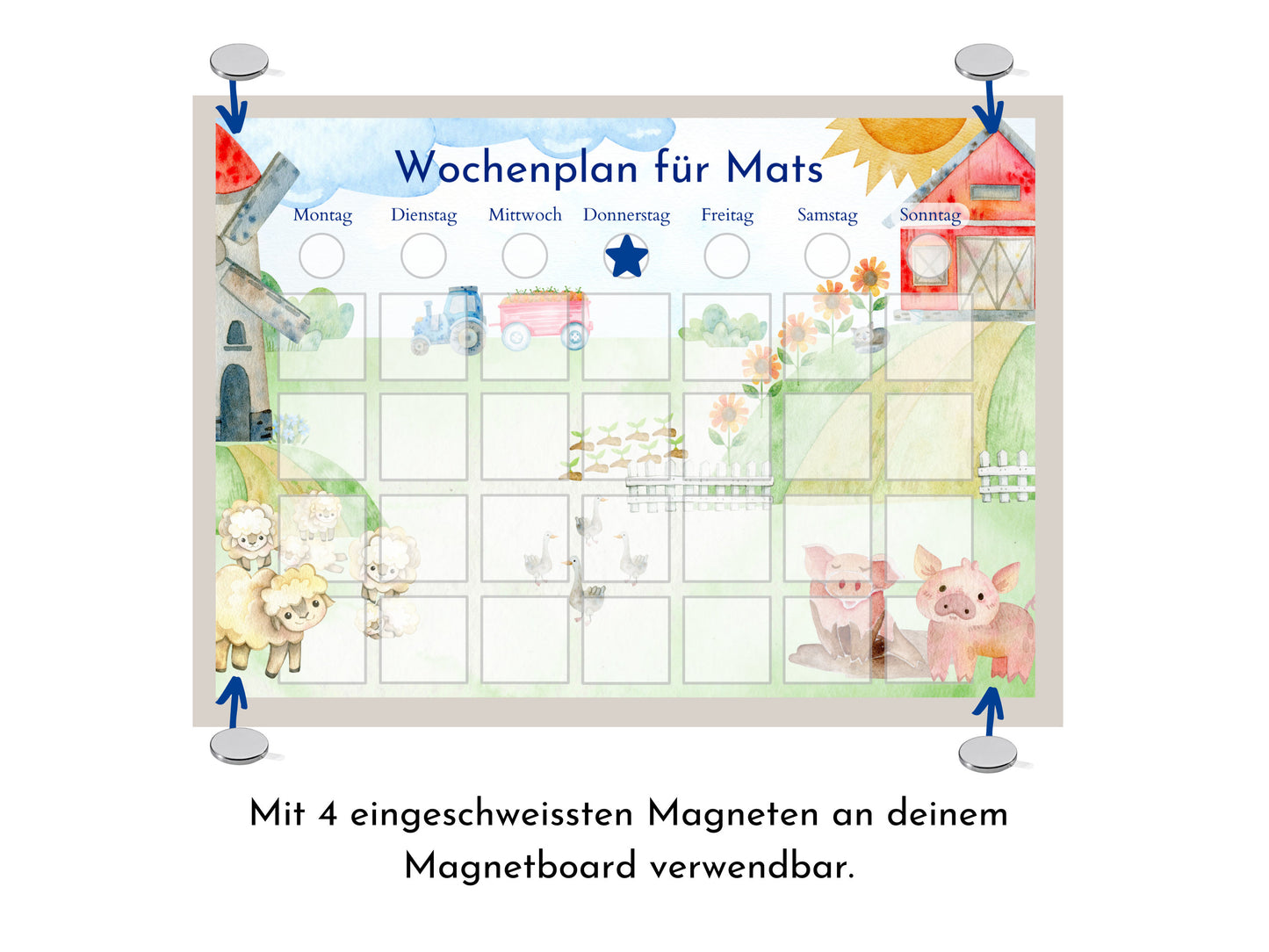 Personalisierter Wochenplan "Bauernhof" mit 246 Routine Karten, optional magnetisch, Montessori Routineplan von Familie Nordstern