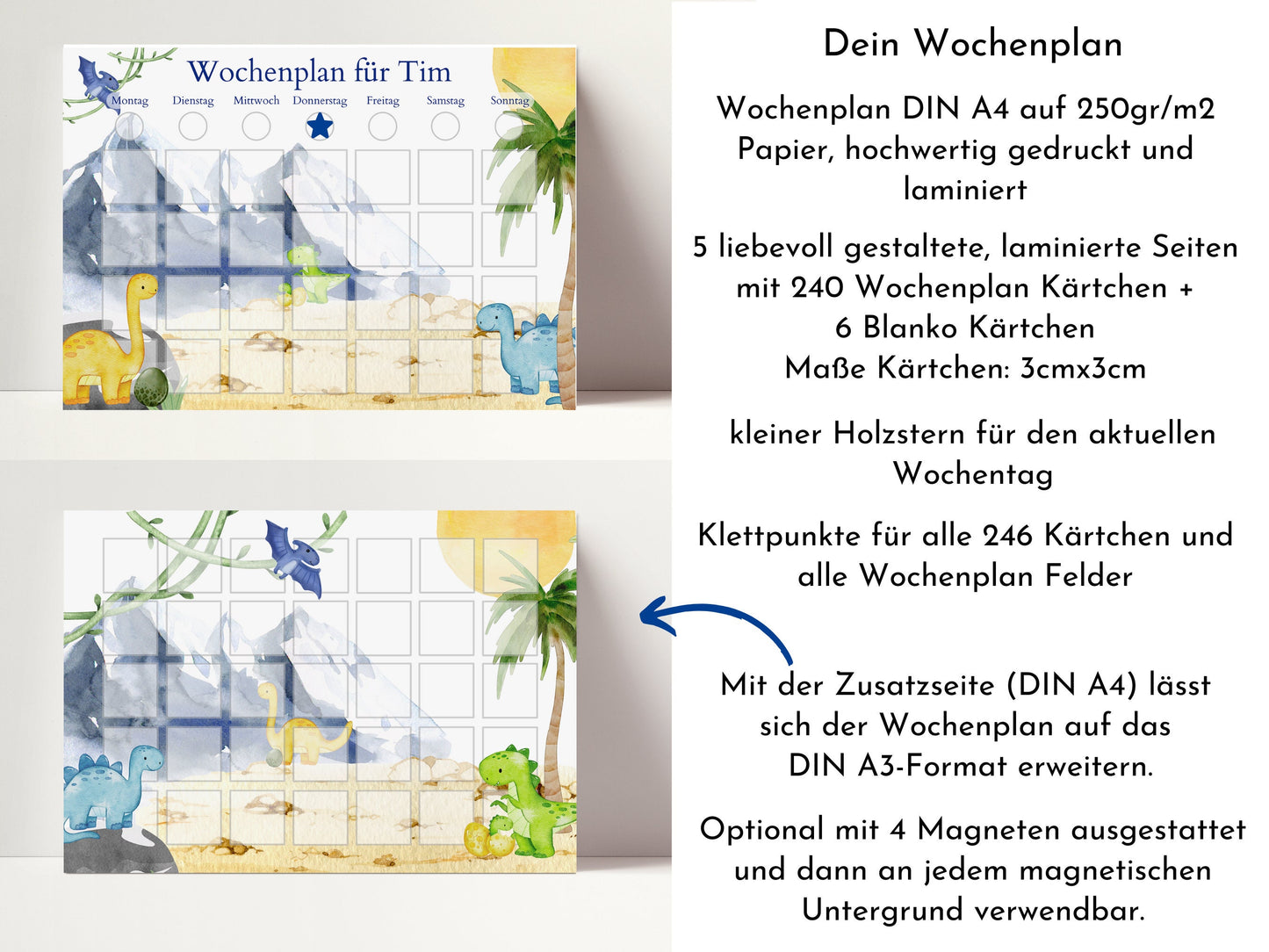 Personalisierter Wochenplan "Dinos und Berge", 246 Routine Karten, Klett laminiert magnetisch, Montessori Routineplan von Familie Nordstern