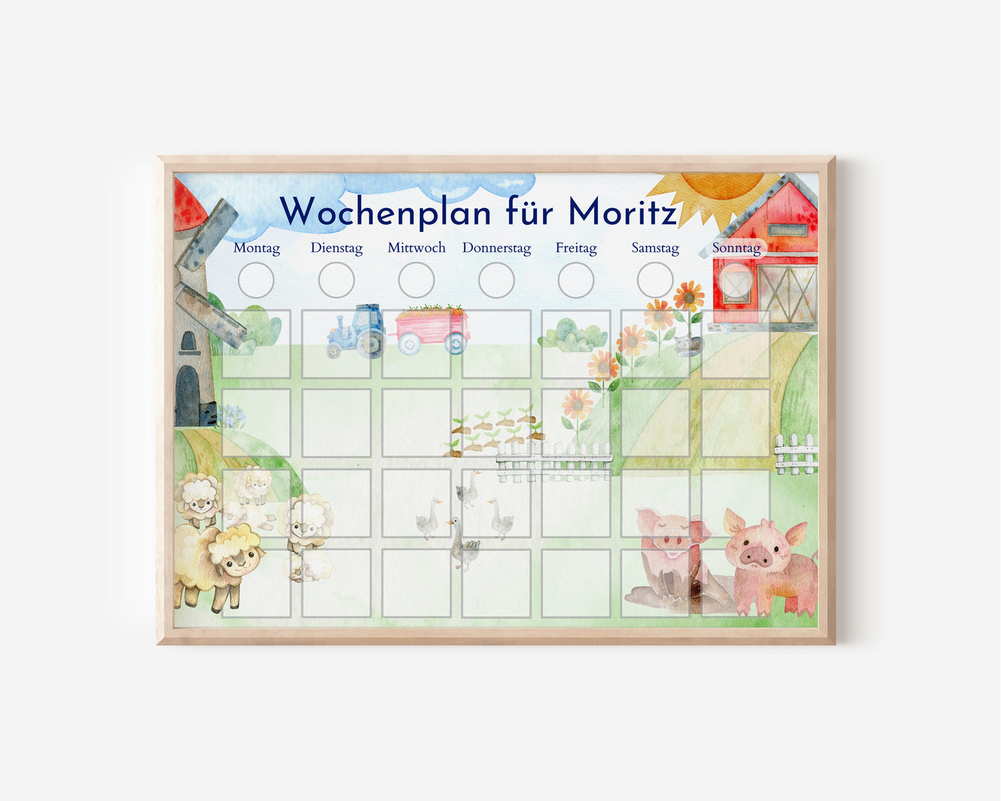 Personalisierter Wochenplan "Bauernhof" mit 246 Routine Karten, optional magnetisch, Montessori Routineplan von Familie Nordstern