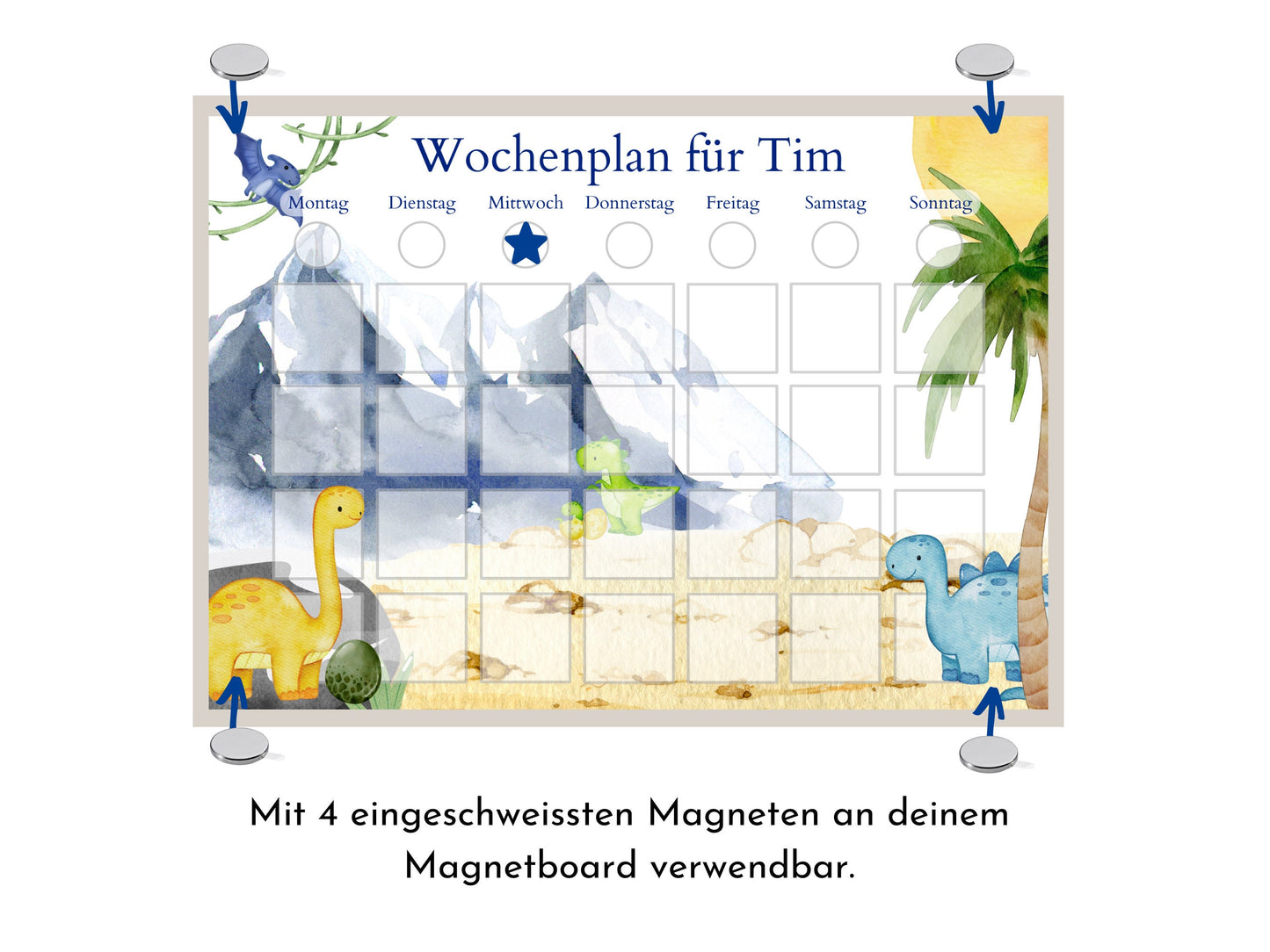 Personalisierter Wochenplan "Dinos und Berge", 246 Routine Karten, Klett laminiert magnetisch, Montessori Routineplan von Familie Nordstern